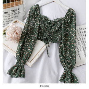 Yojoceli boho beach print blouses shirt women long sleeve ruffle short blouse tops female blusas