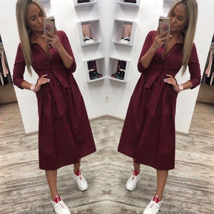 Women Casual Sashes a Line Party Dress Ladies Button Turn Down Collar OL Style Shirt Dress 2019 Summer Solid Knee Dress