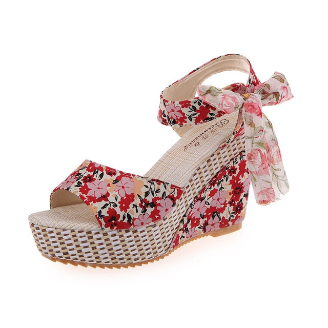 Lucyever Summer Beach Boho Floral Wedge Sandals Women Ankle Strap Platform Gladiator Shoes Woman High Heels Sandalias Mujer 2020