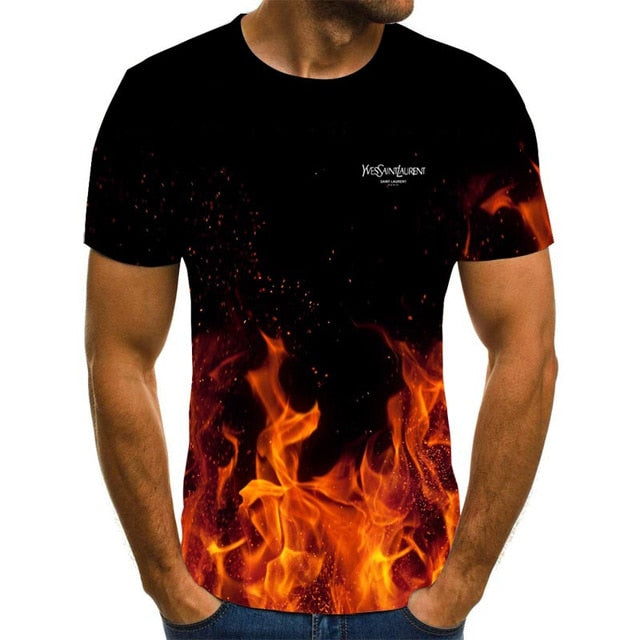 Summer 3D flame hip hop men's T-shirt short sleeve T-shirt fashion brand printed pattern high quality men's T-shirt