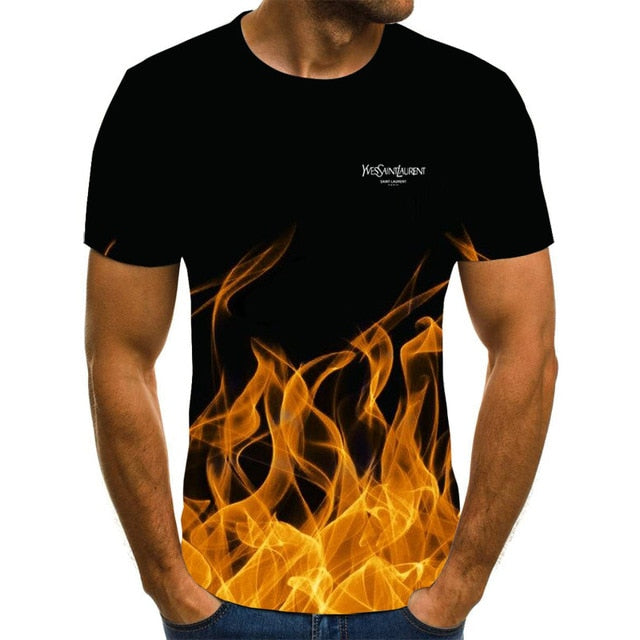 Summer 3D flame hip hop men's T-shirt short sleeve T-shirt fashion brand printed pattern high quality men's T-shirt