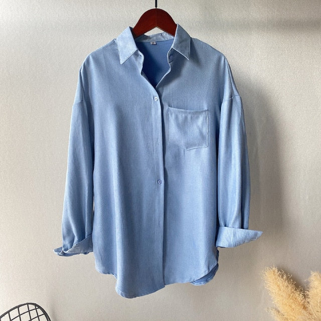 Lizkova White Blouse Women Suede Long Sleeve Formal Shirt 2020 Autumn Lapel Ladies Blouse Streetwear 8866