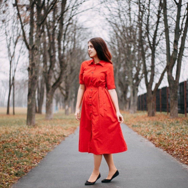 Women Casual Sashes a Line Party Dress Ladies Button Turn Down Collar OL Style Shirt Dress 2019 Summer Solid Knee Dress